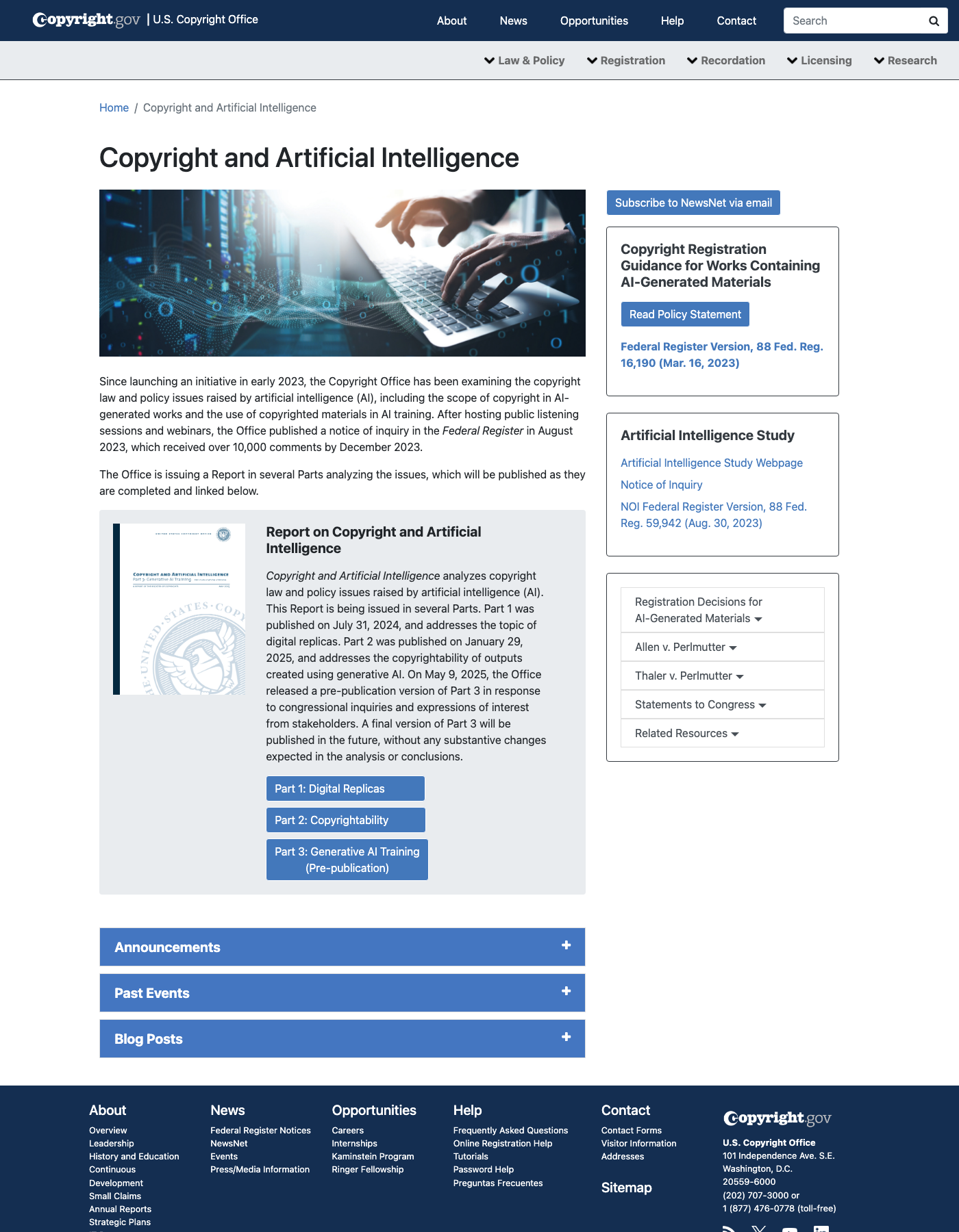 U.S. Copyright Office의 Copyright and Artificial Intelligence 페이지 — Federal Register 통지와 Report Part 1·2·3 진입 화면
