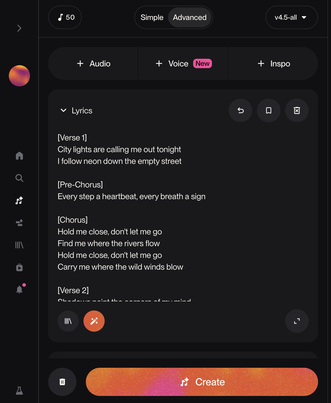Suno Custom Mode (Advanced) Lyrics field — English lyrics with [Verse], [Pre-Chorus], and [Chorus] structure meta tags