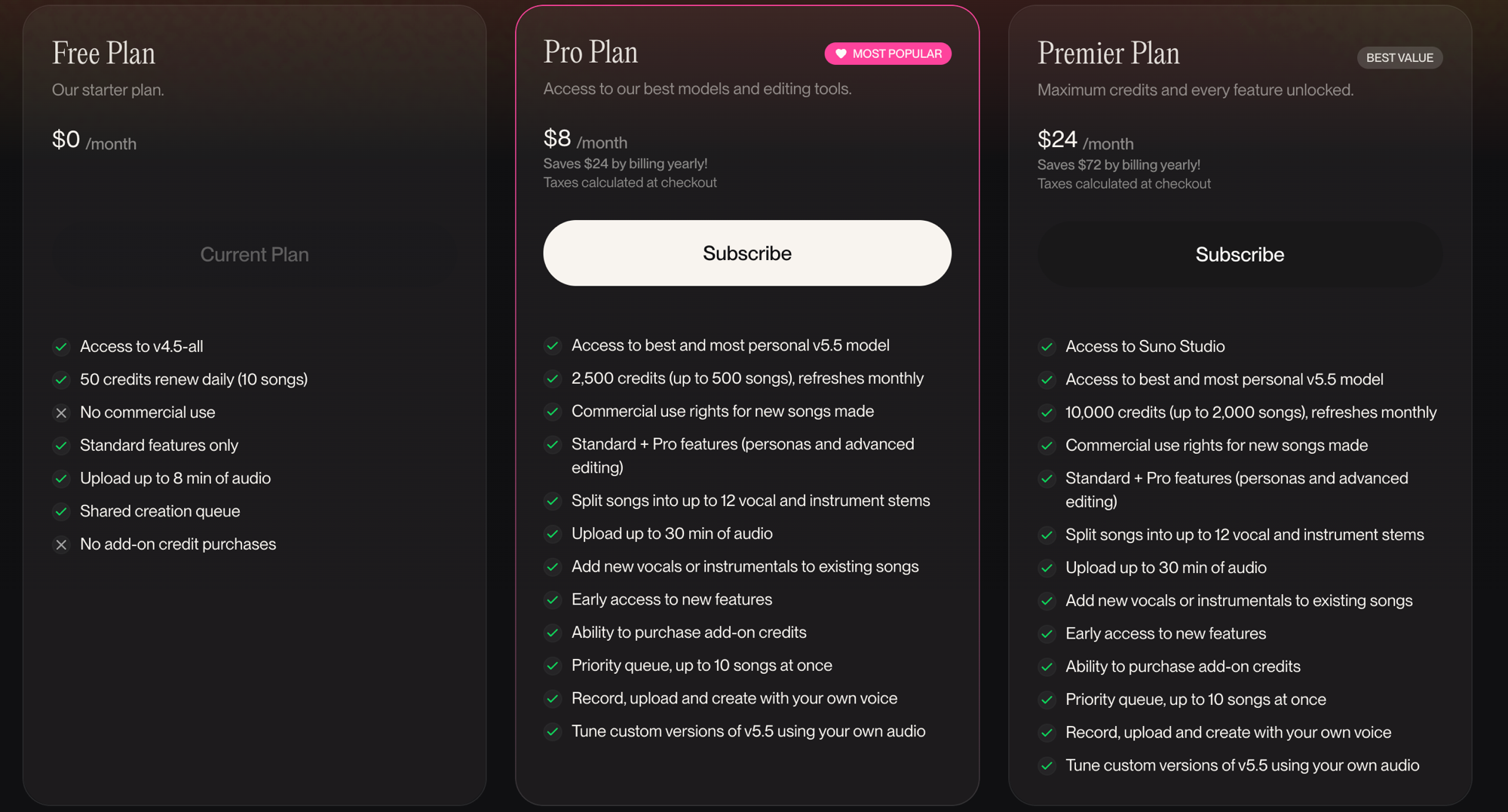 Suno official pricing page — Free / Pro $8 / Premier $24